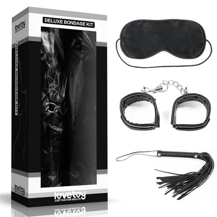 Lovetoy kit Bondage Deluxe negro con antifaz esposas y flogger